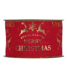 Cinta Navidad con alambre roja renos 63mm x10m