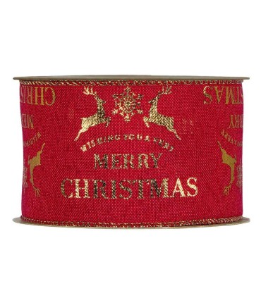 Cinta Navidad con alambre roja renos 63mm x10m