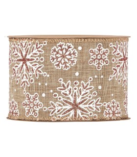 Cinta con alambre copos de nieve blanco y cobre 63mm x10m