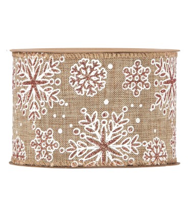 Cinta con alambre copos de nieve blanco y cobre 63mm x10m