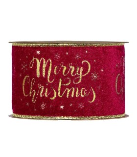 Cinta terciopelo rojo Merry Christmas oro 63mm x10m