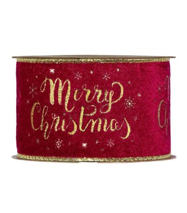 Cinta terciopelo rojo Merry Christmas oro 63mm x10m