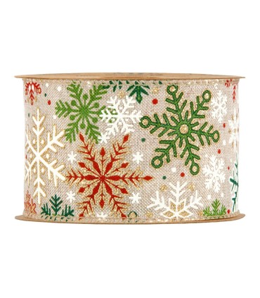 Cinta copos de nieve verde, blanco , granate 63mm x10m
