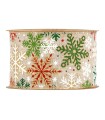 Cinta copo nieve blanco, granate, verde y oro 63mm x10m