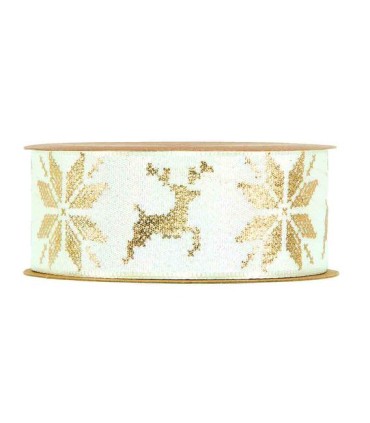 Cinta raso tornasolado blanco copos de nieve y renos 40mm x 10m