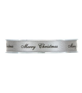 Cinta raso plata Merry Christmas negro 15mm x 25m