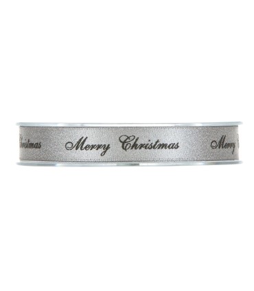Cinta raso plata Merry Christmas negro 15mm x 25m