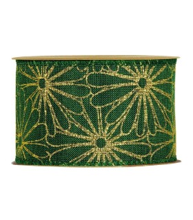 Cinta flores oro fondo verde 63mm x10m