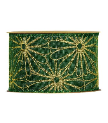 Cinta flores oro fondo verde 63mm x10m