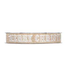 Cinta  natural Merry Christmas plata brillante y blanco 15mm x 20m