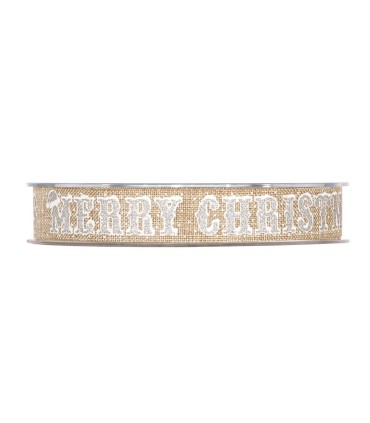 Cinta  natural Merry Christmas plata brillante y blanco 15mm x 20m
