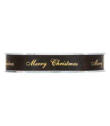 Cinta raso negro Merry Christmas oro 15mmx25m