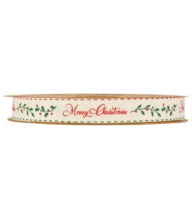 Cinta rústica natural Merry Christmas ramas rojo y verde 15mm x 20m
