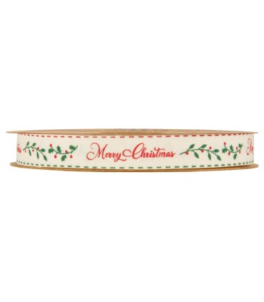 Cinta rústica natural Merry Christmas ramas rojo y verde 15mm x 20m