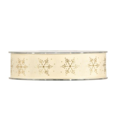 Cinta grosgrain beige copos de nieve oro 25mm x 10m
