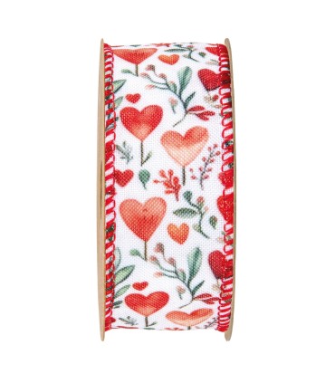Cinta corazón rojo hojas verdes fondo blanco 40mm x10m