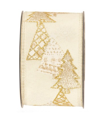 Cinta abetos oro y dibujo cobre brillante fondo crema 63mm x10m