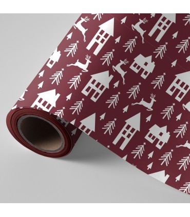 Bobina fondo granate casitas , renos y abetos blancos 62cm x 4 kilos