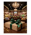 Bobina papel kraft texto Merry Christmas y abetos verdes, regalos granate 70cmX7.5Kg