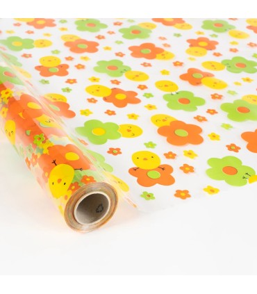 bobina polipropileno transparente pollitos y flores 70cm x50m
